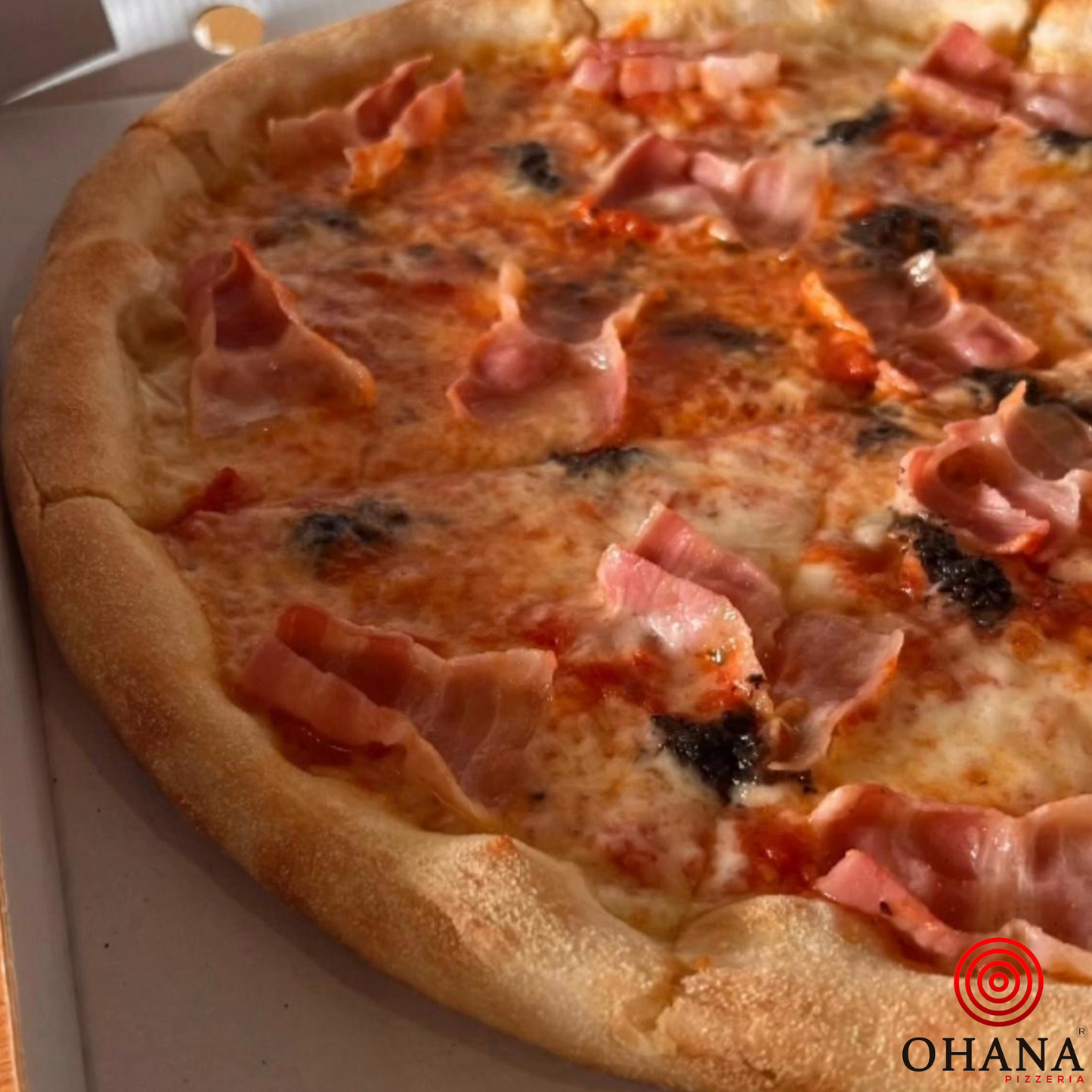 Lombarda, salsa de tomate, mozzarella, crema de trufa negra, bacon (fuera de cocción parmesano)